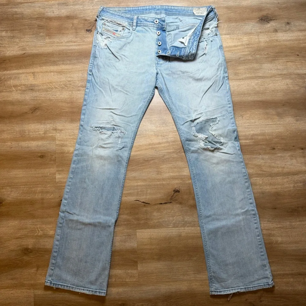 Diesel Zatiny Jeans Mens 34x34 Light Wash Distressed Bootcut Denim 008W7 Stretch - Picture 1 of 16